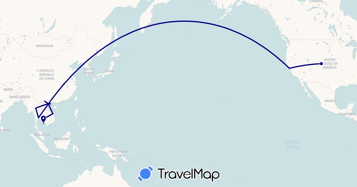 TravelMap itinerary: driving in China, Cambodia, Laos, Thailand, United States, Vietnam (Asia, North America)